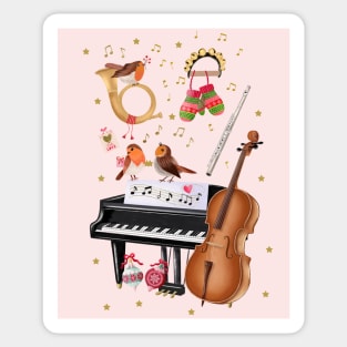 Christmas with winter birds and music instruments Sticker